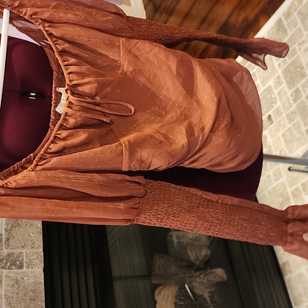 Wayf Orange Ruched Ruffled Blouse - Picture 4 of 7
